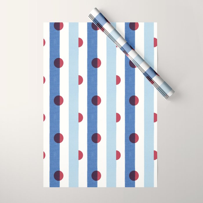 Handcrafted Blue Stripes and Red Dots Pattern Wrapping Paper Gallery Image 1