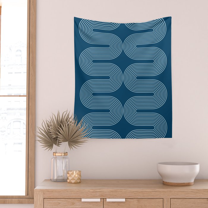 Mid Century Modern Geometric 101 in night Blue (Rainbow Abstract) Wall Tapestry Gallery Image 2