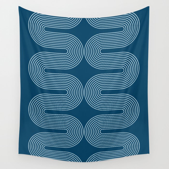 Mid Century Modern Geometric 101 in night Blue (Rainbow Abstract) Wall Tapestry Gallery Image 1