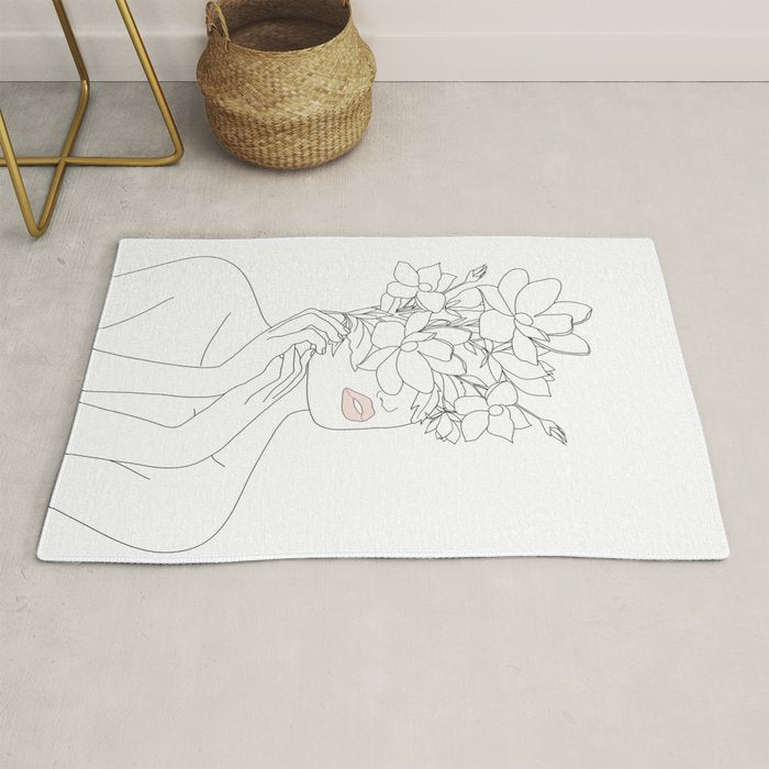 Minimal Line Art Woman with Magnolia Rug Gallery Image 1