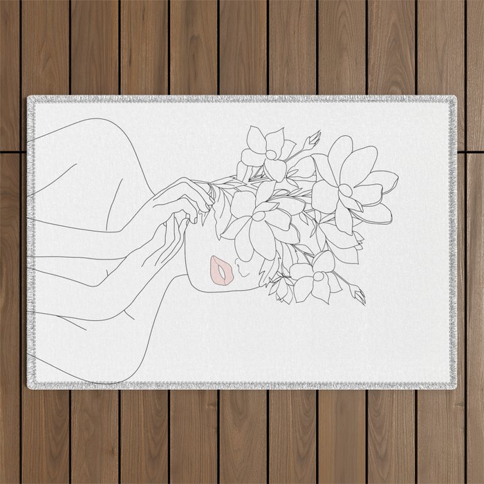 Minimal Line Art Woman with Magnolia Outdoor Rug Gallery Image 1
