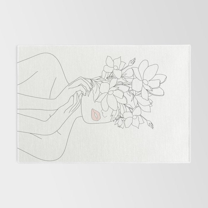 Minimal Line Art Woman with Magnolia Rug Gallery Image 2