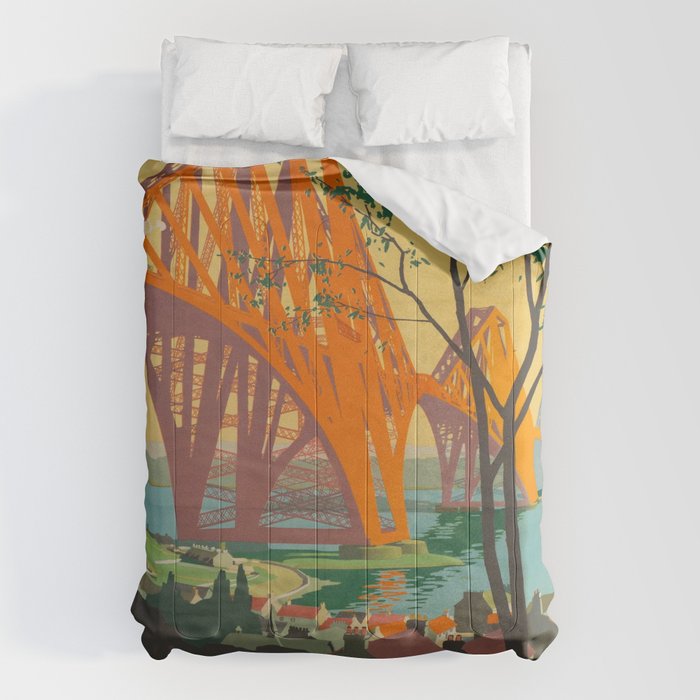 Mid Century Colorful Travel Posters Forth Bridge British Railways Comforter Gallery Image 1