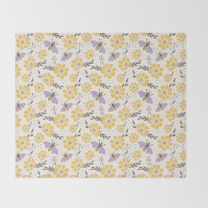 Honey Bees and Flowers - Yellow and Lavender Purple Throw Blanket Gallery Image 2
