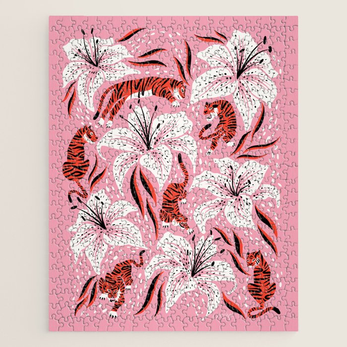 Tigers & Tiger Lilies - Vermilion & Pink Jigsaw Puzzle Gallery Image 1