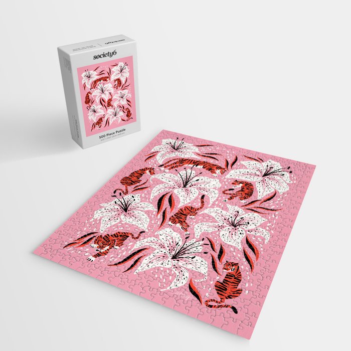 Tigers & Tiger Lilies - Vermilion & Pink Jigsaw Puzzle Gallery Image 2