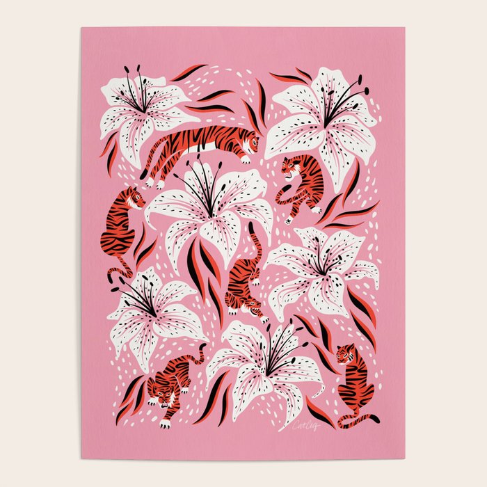 Tigers & Tiger Lilies - Vermilion & Pink Poster Gallery Image 1