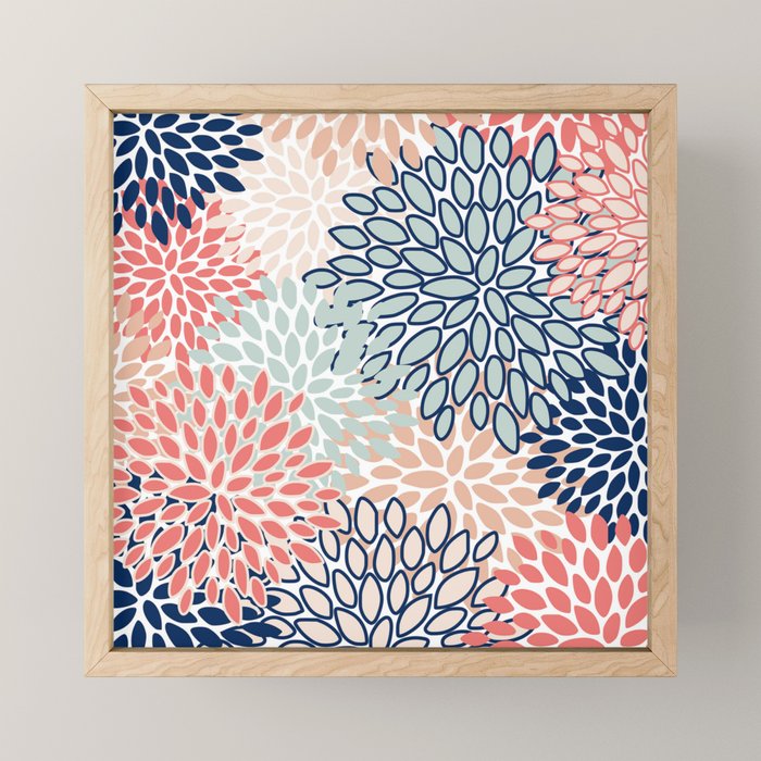 Festive, Floral Prints, Coral, Navy, Aqua Mini Art Print Gallery Image 1