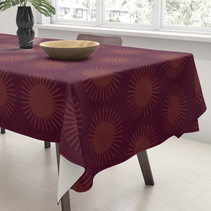 Boho Summer Sun Pattern XIII Dark Maroon Red Tablecloth Gallery Image 3