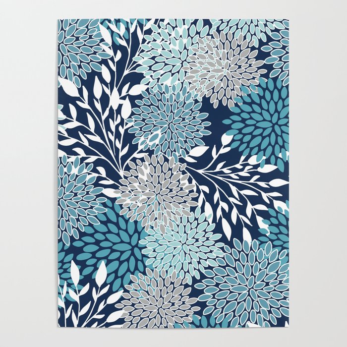 Garden Florals, Navy, Blue, Teal Poster Gallery Image 1