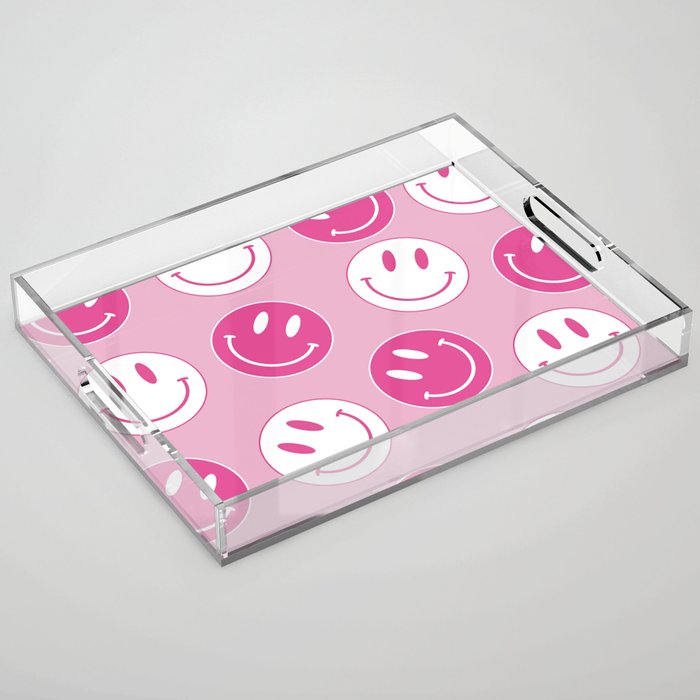 Large Pink and White Smiley Face - Preppy Aesthetic Decor Acrylic Tray Gallery Image 1
