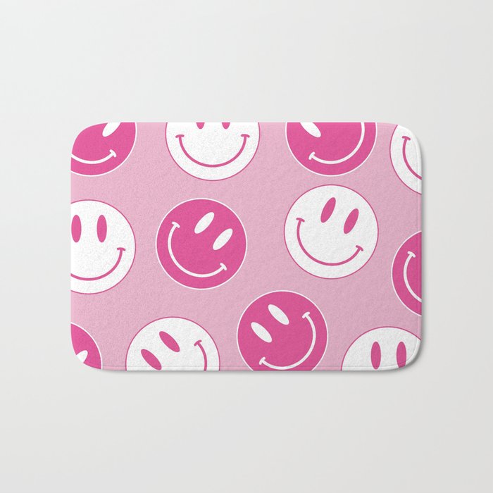 Large Pink and White Smiley Face - Preppy Aesthetic Decor Bath Mat Gallery Image 1