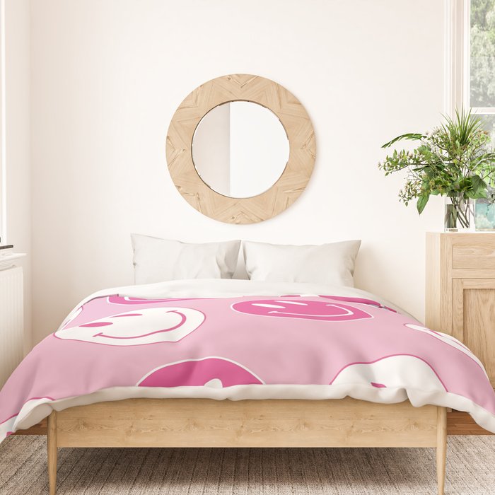 Large Pink and White Smiley Face - Preppy Aesthetic Decor Duvet Cover Gallery Image 3