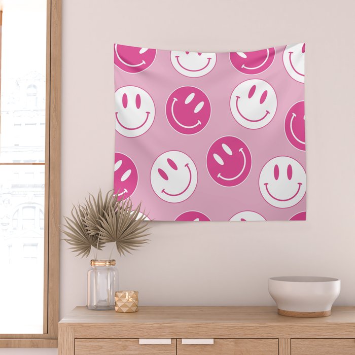 Large Pink and White Smiley Face - Preppy Aesthetic Decor Wall Tapestry Gallery Image 2