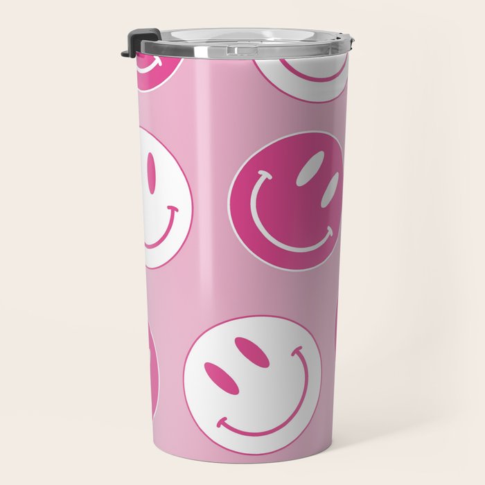 Large Pink and White Smiley Face - Preppy Aesthetic Decor Travel Mug Gallery Image 3
