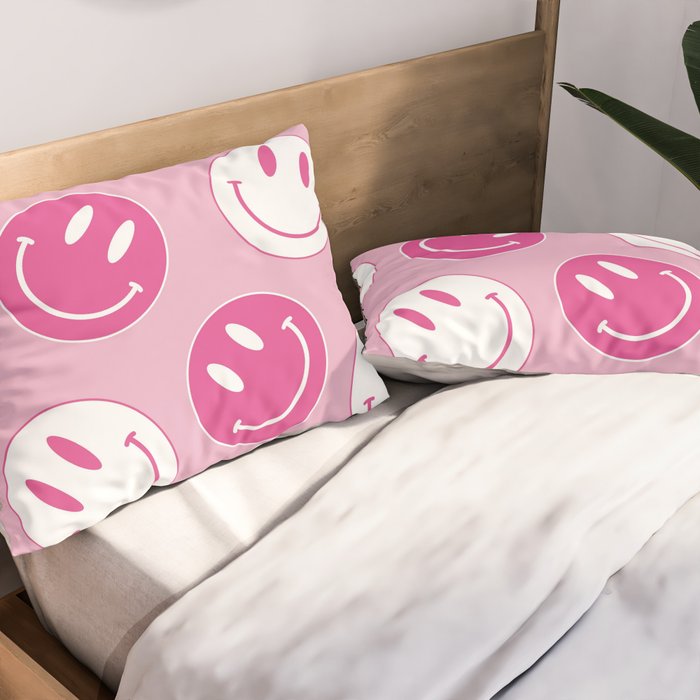 Large Pink and White Smiley Face - Preppy Aesthetic Decor Pillow Sham Gallery Image 2