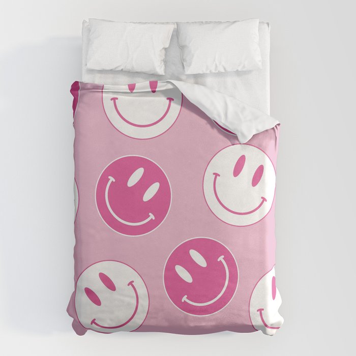 Large Pink and White Smiley Face - Preppy Aesthetic Decor Duvet Cover Gallery Image 6