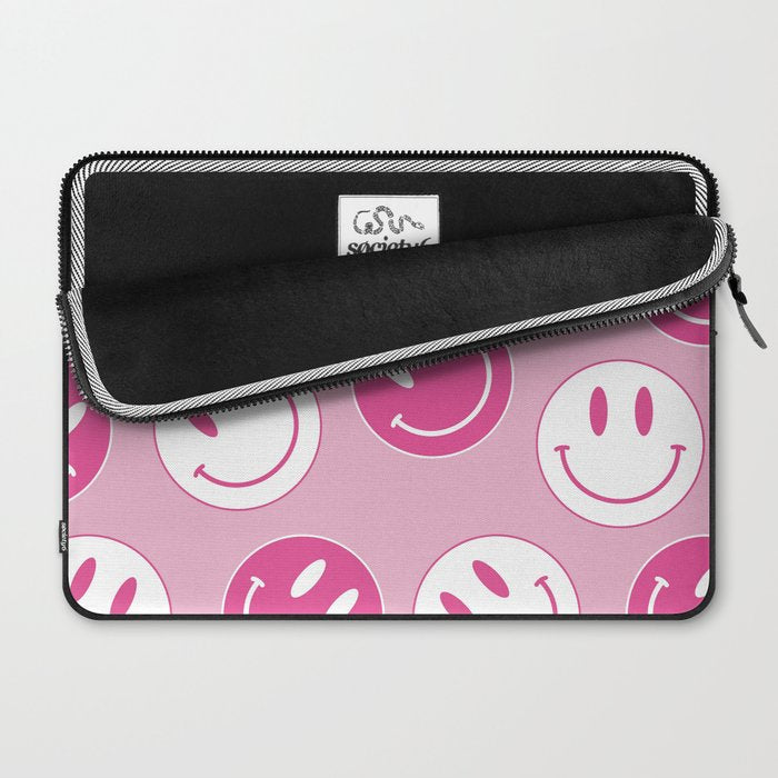 Large Pink and White Smiley Face - Preppy Aesthetic Decor Laptop Sleeve Gallery Image 2