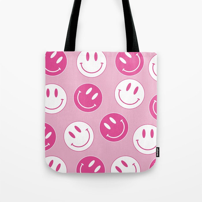 Large Pink and White Smiley Face - Preppy Aesthetic Decor Tote Bag Gallery Image 1