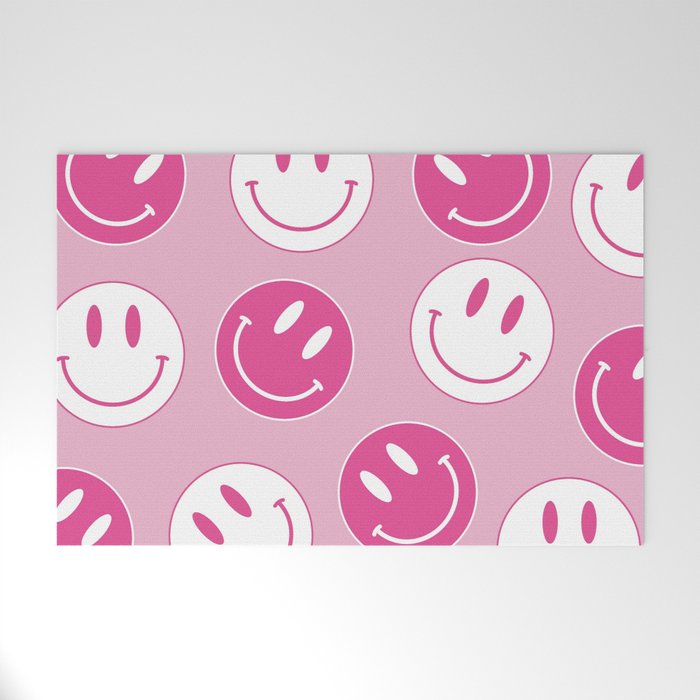Large Pink and White Smiley Face - Preppy Aesthetic Decor Welcome Mat Gallery Image 1