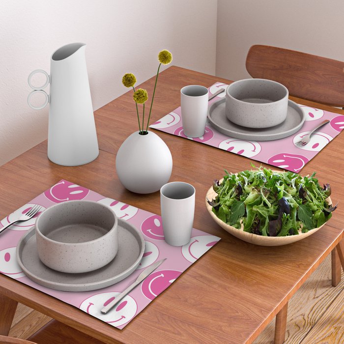 Large Pink and White Smiley Face - Preppy Aesthetic Decor Placemat Gallery Image 2