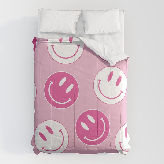 Large Pink and White Smiley Face - Preppy Aesthetic Decor Comforter Gallery Image 1