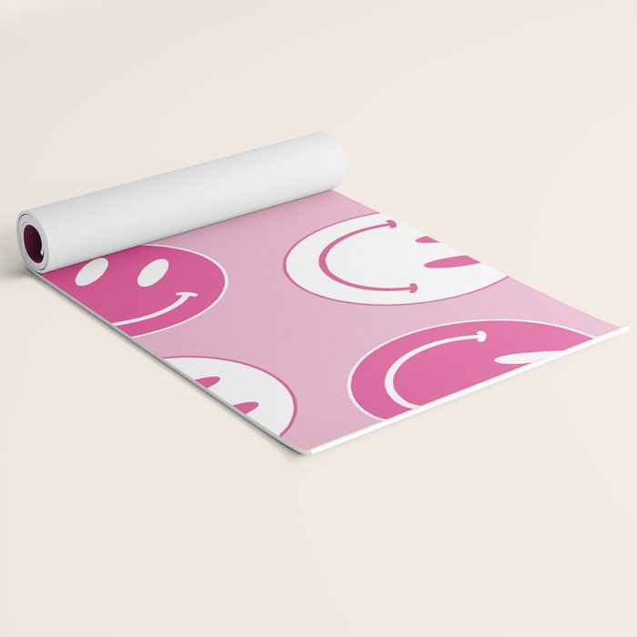 Large Pink and White Smiley Face - Preppy Aesthetic Decor Yoga Mat Gallery Image 2