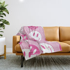 Large Pink and White Smiley Face - Preppy Aesthetic Decor Throw Blanket Gallery Image 1