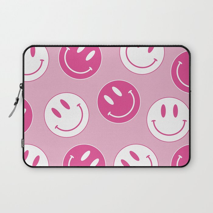 Large Pink and White Smiley Face - Preppy Aesthetic Decor Laptop Sleeve Gallery Image 1