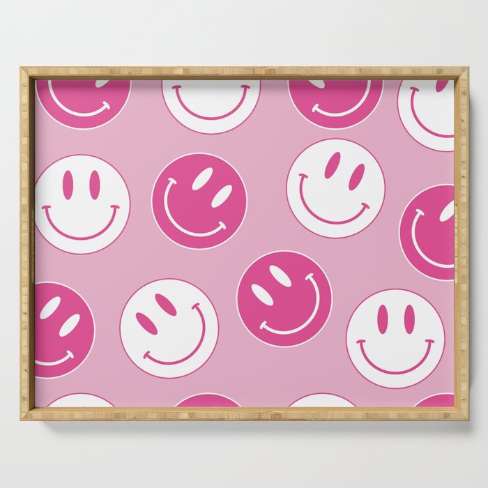 Large Pink and White Smiley Face - Preppy Aesthetic Decor Serving Tray Gallery Image 1