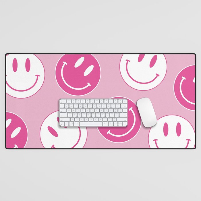 Large Pink and White Smiley Face - Preppy Aesthetic Decor Desk Mat Gallery Image 1