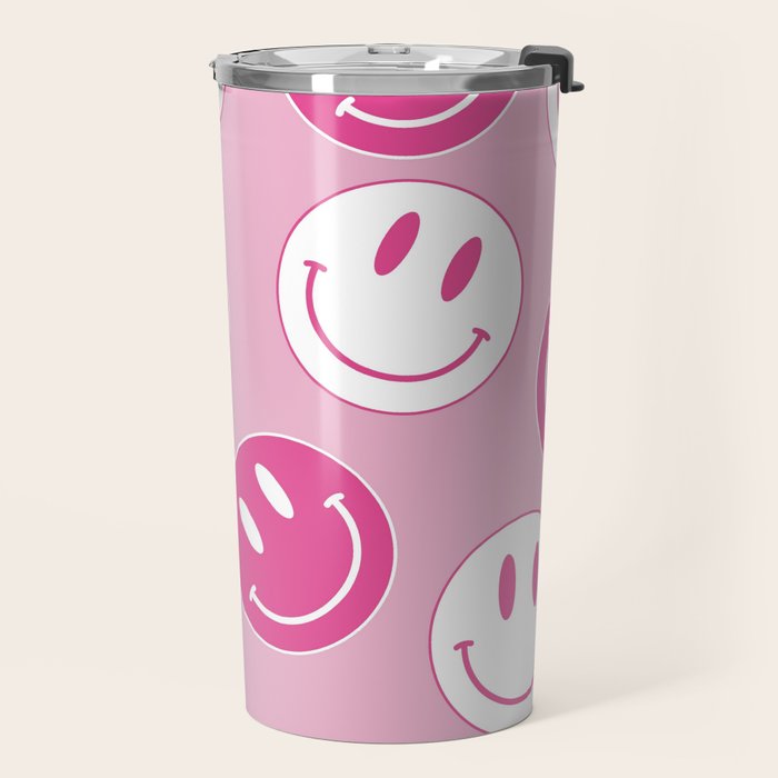 Large Pink and White Smiley Face - Preppy Aesthetic Decor Travel Mug Gallery Image 2