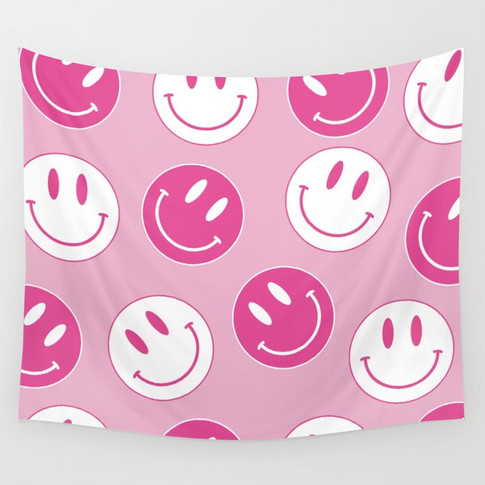 Large Pink and White Smiley Face - Preppy Aesthetic Decor Wall Tapestry Gallery Image 4