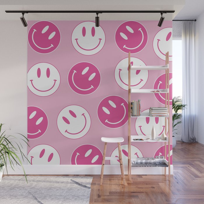 Large Pink and White Smiley Face - Preppy Aesthetic Decor Wall Mural Gallery Image 1