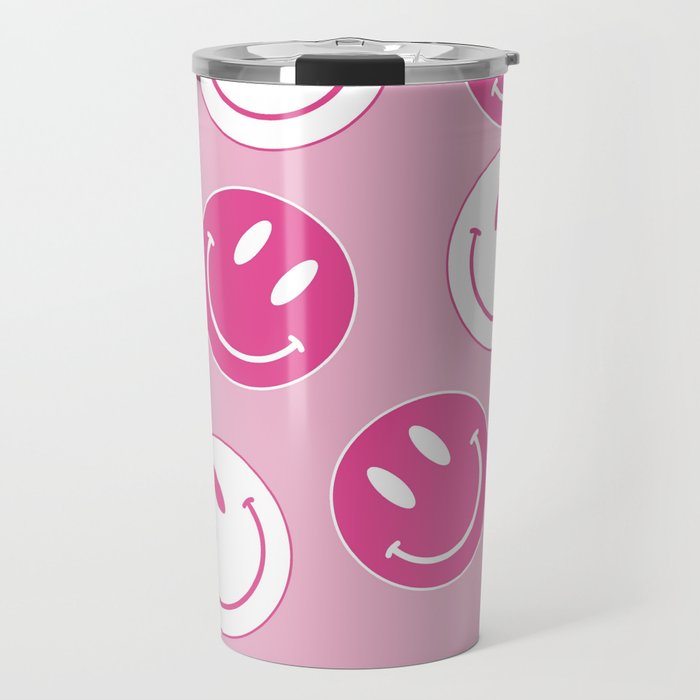 Large Pink and White Smiley Face - Preppy Aesthetic Decor Travel Mug Gallery Image 1