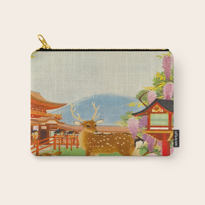 Vintage Mid Century Modern Japan Travel Poster Deer Red Pagoda Wisteria Garden Carry All Pouch Gallery Image 1