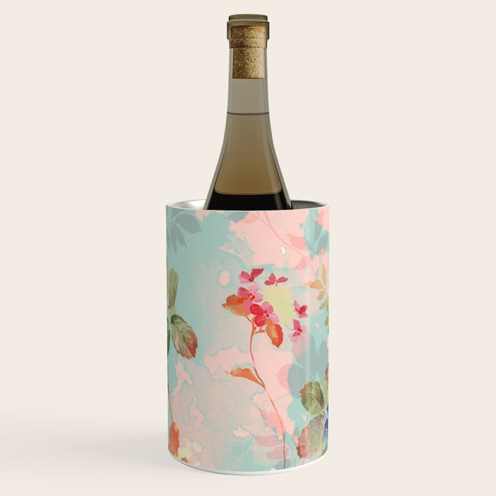 Botanical neo mint pink abstract watercolor floral pattern Wine Chiller Gallery Image 1