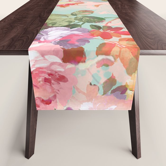 Botanical neo mint pink abstract watercolor floral pattern Table Runner Gallery Image 1