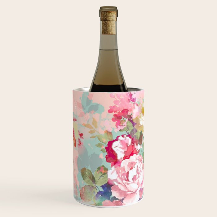 Botanical neo mint pink abstract watercolor floral pattern Wine Chiller Gallery Image 3