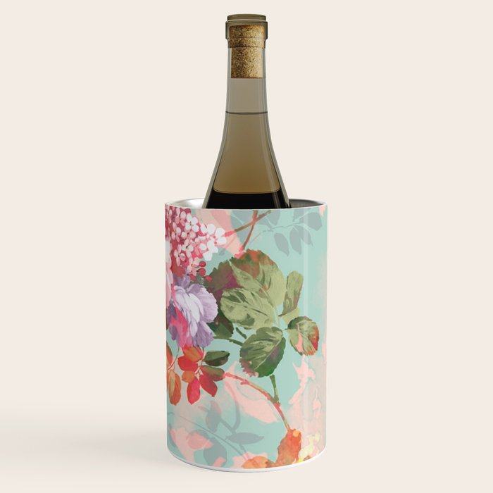Botanical neo mint pink abstract watercolor floral pattern Wine Chiller Gallery Image 2
