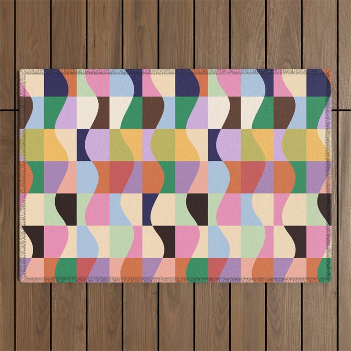 Retro Colorful Wavy Checkerboard Outdoor Rug Gallery Image 1