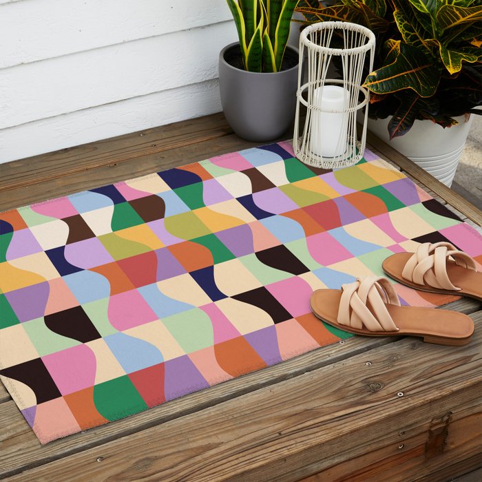 Retro Colorful Wavy Checkerboard Outdoor Rug Gallery Image 2