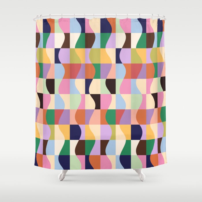 Retro Colorful Wavy Checkerboard Shower Curtain Gallery Image 1