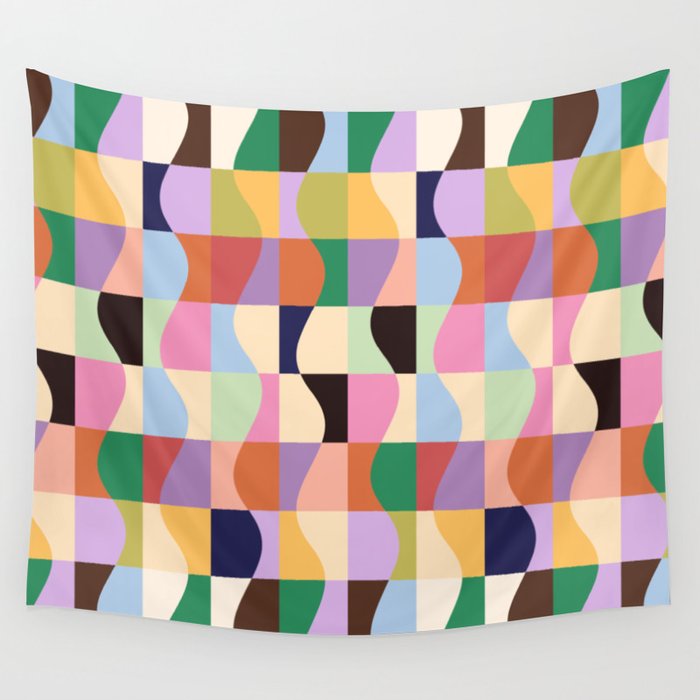 Retro Colorful Wavy Checkerboard Wall Tapestry Gallery Image 1