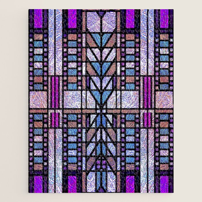 Purple and Blue Art Deco Stained Glass Design Jigsaw Puzzle Gallery Image 1