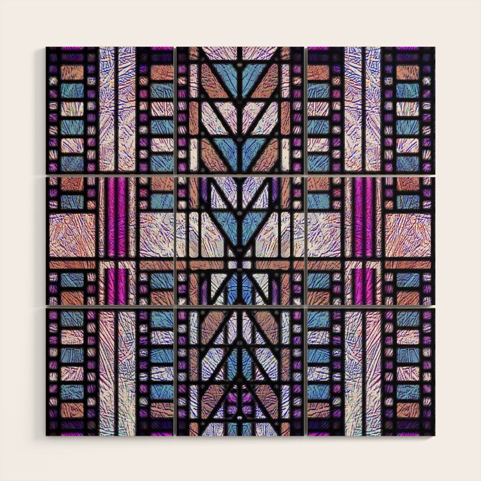 Purple and Blue Art Deco Stained Glass Design Wood Wall Art Gallery Image 1