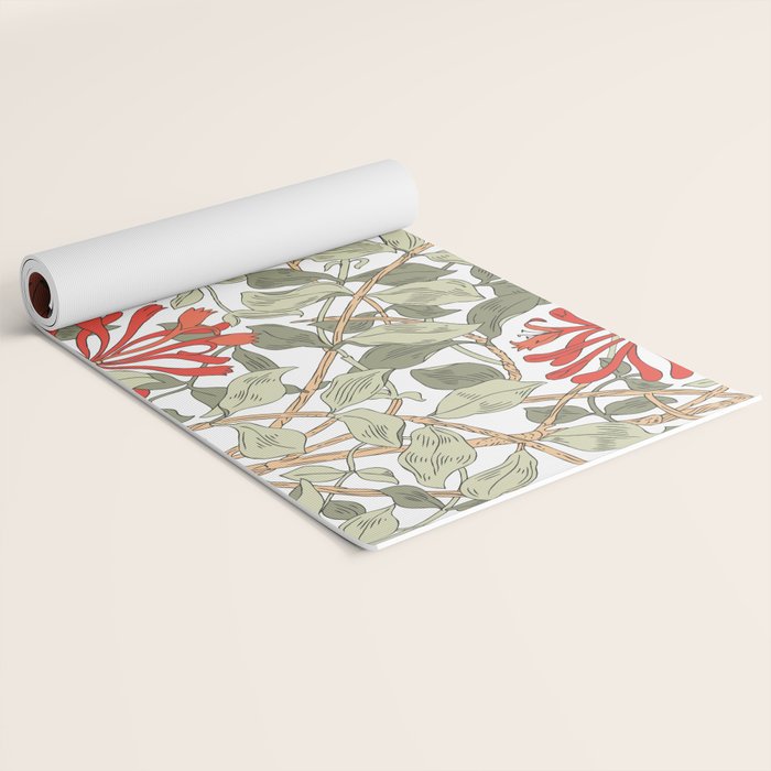 William Morris Honeysuckle Floral Coral Red Green & White Yoga Mat Gallery Image 2