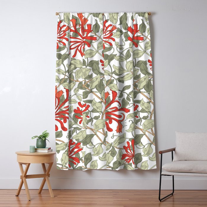 William Morris Honeysuckle Floral Coral Red Green & White Window Curtain Gallery Image 5