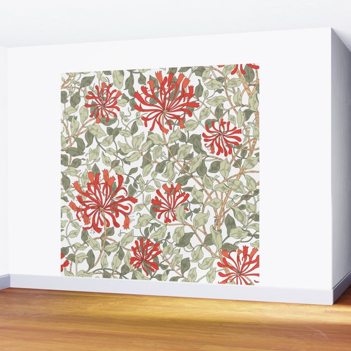 William Morris Honeysuckle Floral Coral Red Green & White Wall Mural Gallery Image 2