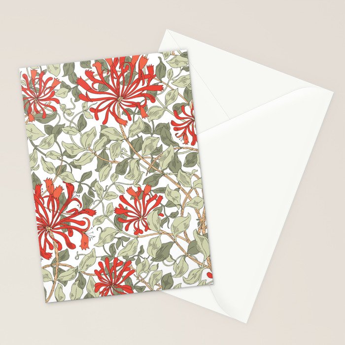 William Morris Honeysuckle Floral Coral Red Green & White Stationery Card Gallery Image 2